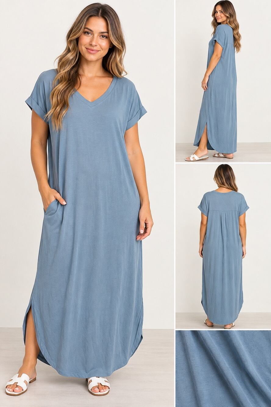 Rae Mode Dusty Blue V-Neck Maxi Dress with Pockets Medium